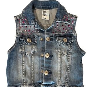 H&M Kids Girls' Blue Denim Vest Pink‎ Star Rhinestone Embellished size 6X-7